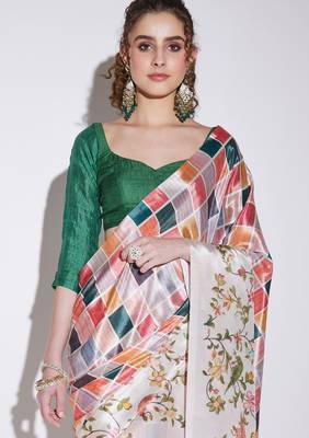 multi color silk blend designer printed ready to wear ceremonial saree 3