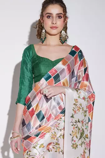 multi color silk blend designer printed ready to wear ceremonial saree