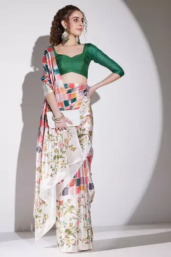 multi color silk blend designer printed ready to wear ceremonial saree