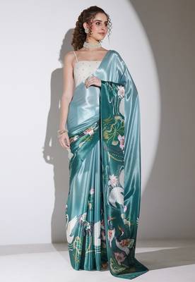 Green color silk blend designer printed ready to wear ceremonial saree 1