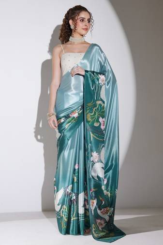 green color silk blend designer printed ready to wear ceremonial saree