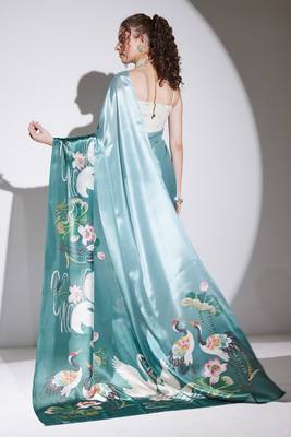 Green color silk blend designer printed ready to wear ceremonial saree 2
