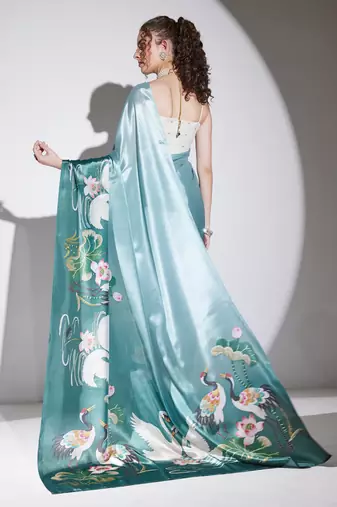 green color silk blend designer printed ready to wear ceremonial saree