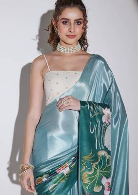 Green color silk blend designer printed ready to wear ceremonial saree 3