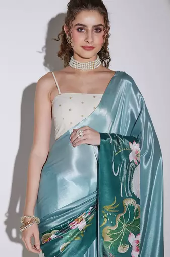 green color silk blend designer printed ready to wear ceremonial saree