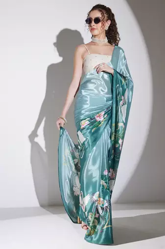 green color silk blend designer printed ready to wear ceremonial saree