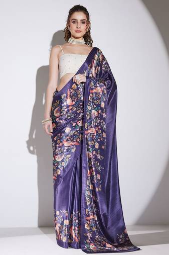 purple color silk blend designer printed ready to wear ceremonial saree