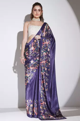 purple color silk blend designer printed ready to wear ceremonial saree