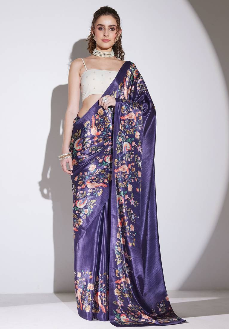 purple color silk blend designer printed ready to wear ceremonial saree