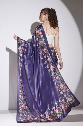 purple color silk blend designer printed ready to wear ceremonial saree