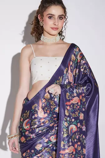 purple color silk blend designer printed ready to wear ceremonial saree