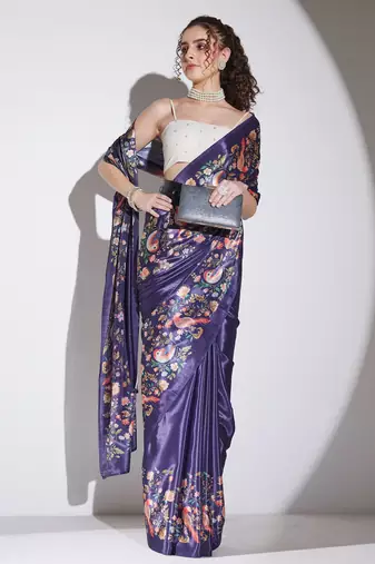 purple color silk blend designer printed ready to wear ceremonial saree