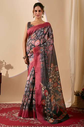 olive color silk blend designer printed ready to wear ceremonial saree