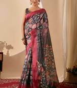 olive color silk blend designer printed ready to wear ceremonial saree