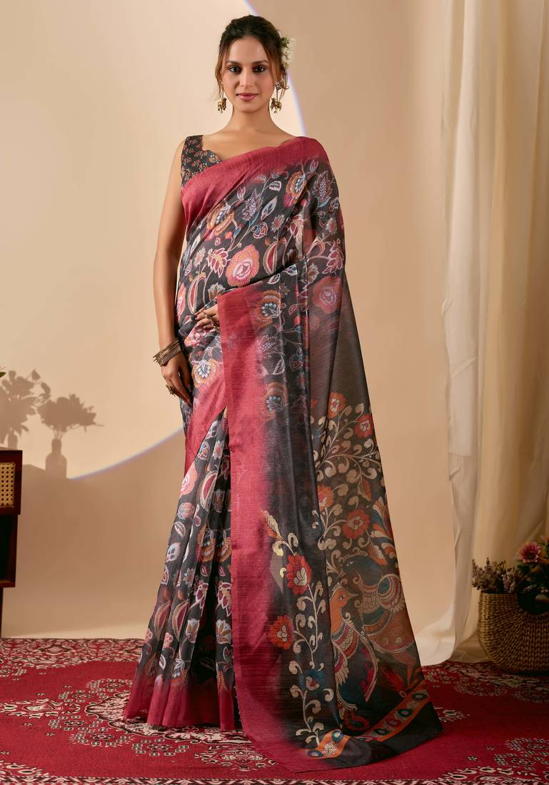 olive color silk blend designer printed ready to wear ceremonial saree