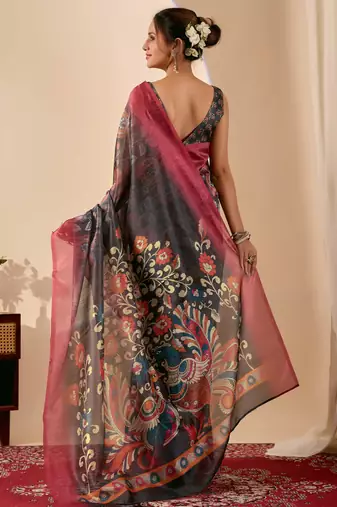 olive color silk blend designer printed ready to wear ceremonial saree