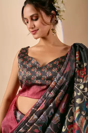 olive color silk blend designer printed ready to wear ceremonial saree