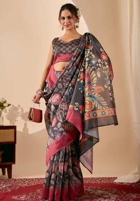 olive color silk blend designer printed ready to wear ceremonial saree 4