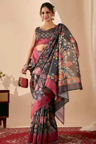 olive color silk blend designer printed ready to wear ceremonial saree