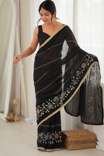 black color star georgette fabric smart work designer graceful saree