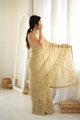 beige color star georgette fabric smart work designer graceful saree 5