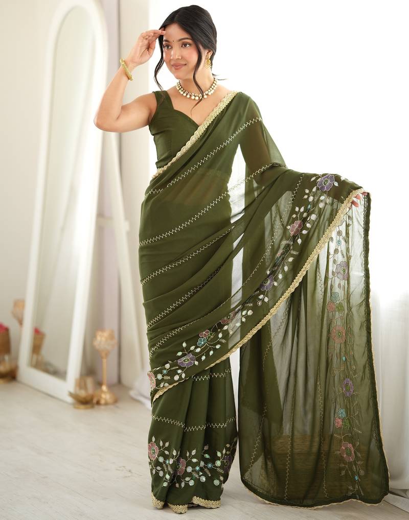 mahendi color star georgette fabric smart work designer graceful saree