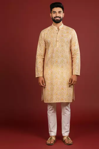 Gold color beautiful kurta payjama for handsome men's looks