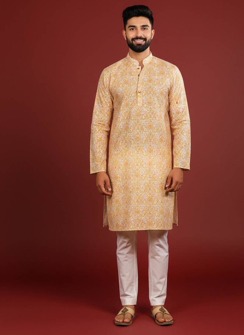 Gold color beautiful kurta payjama for handsome men's looks