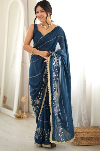 petrol color star georgette fabric smart work designer graceful saree