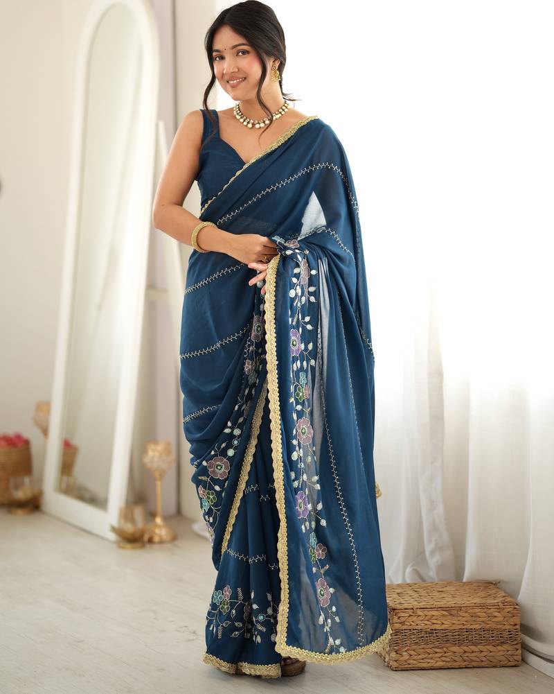 Petrol color star georgette fabric smart work designer graceful saree
