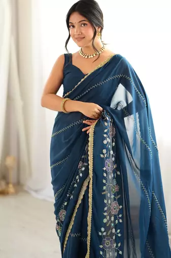 petrol color star georgette fabric smart work designer graceful saree