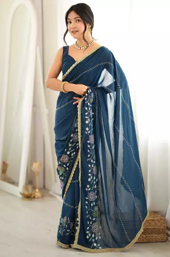 petrol color star georgette fabric smart work designer graceful saree