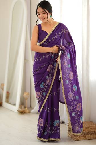 purple color star georgette fabric smart work designer graceful saree