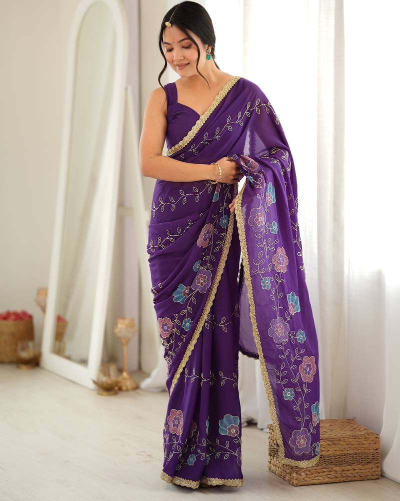 Purple color star georgette fabric smart work designer graceful saree