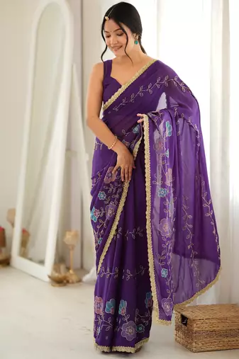 purple color star georgette fabric smart work designer graceful saree