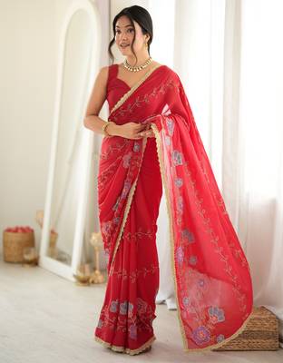 Red color star georgette fabric smart work designer graceful saree 1