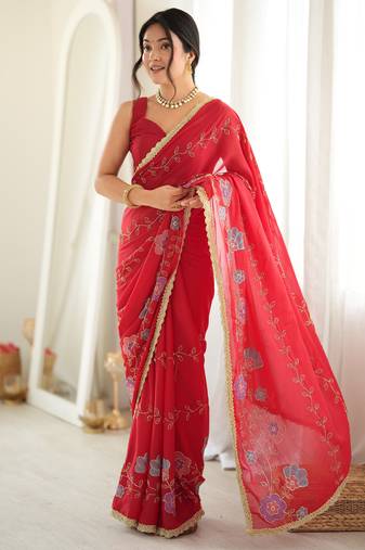 red color star georgette fabric smart work designer graceful saree