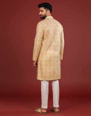Gold color beautiful kurta payjama for handsome men's looks 2
