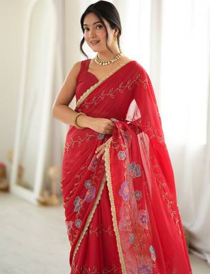 Red color star georgette fabric smart work designer graceful saree 3