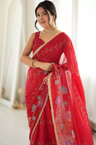 red color star georgette fabric smart work designer graceful saree