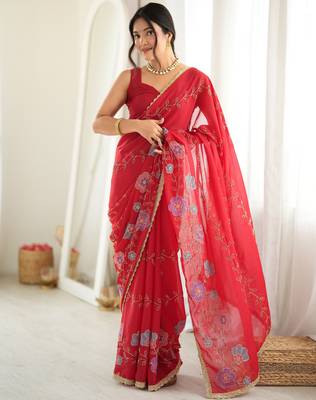 Red color star georgette fabric smart work designer graceful saree 4