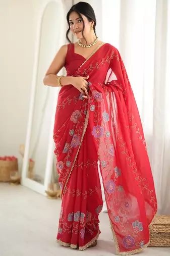 red color star georgette fabric smart work designer graceful saree