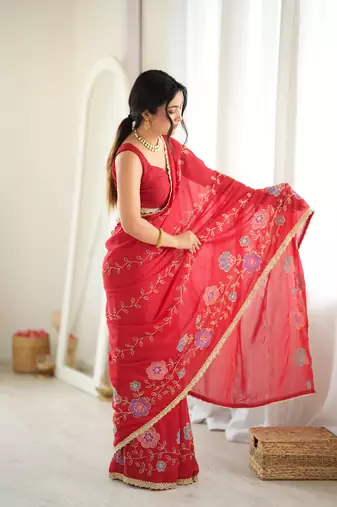 red color star georgette fabric smart work designer graceful saree