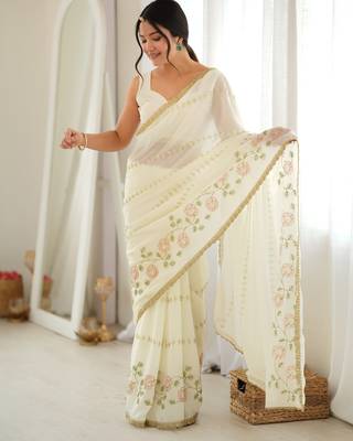 Off white color star georgette fabric smart work designer graceful saree 1