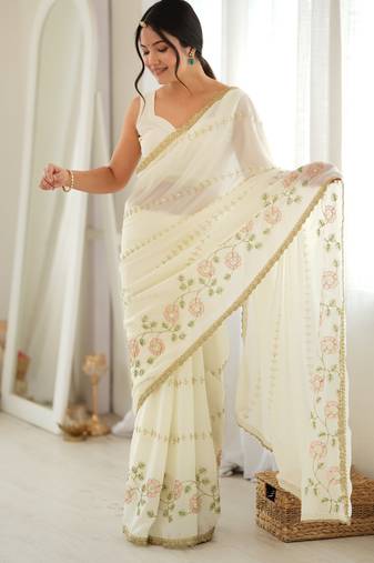 off white color star georgette fabric smart work designer graceful saree