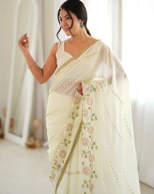 Off white color star georgette fabric smart work designer graceful saree 3