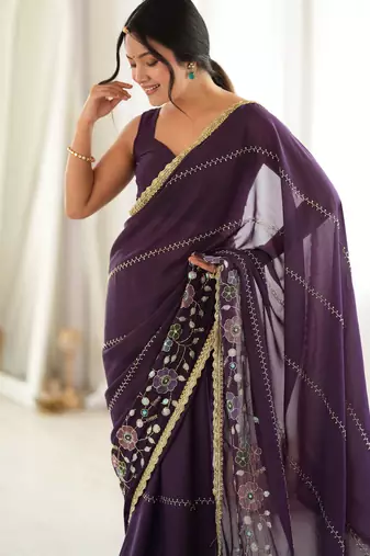 wine color star georgette fabric smart work designer graceful saree