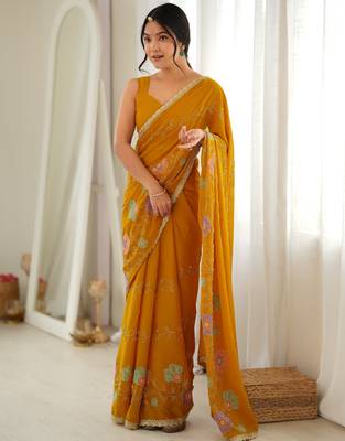 Yellow color star georgette fabric smart work designer graceful saree 1