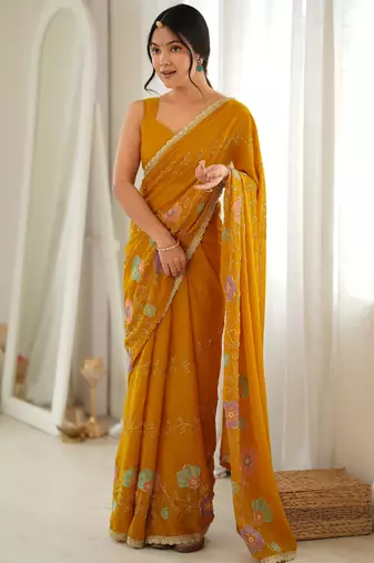 yellow color star georgette fabric smart work designer graceful saree