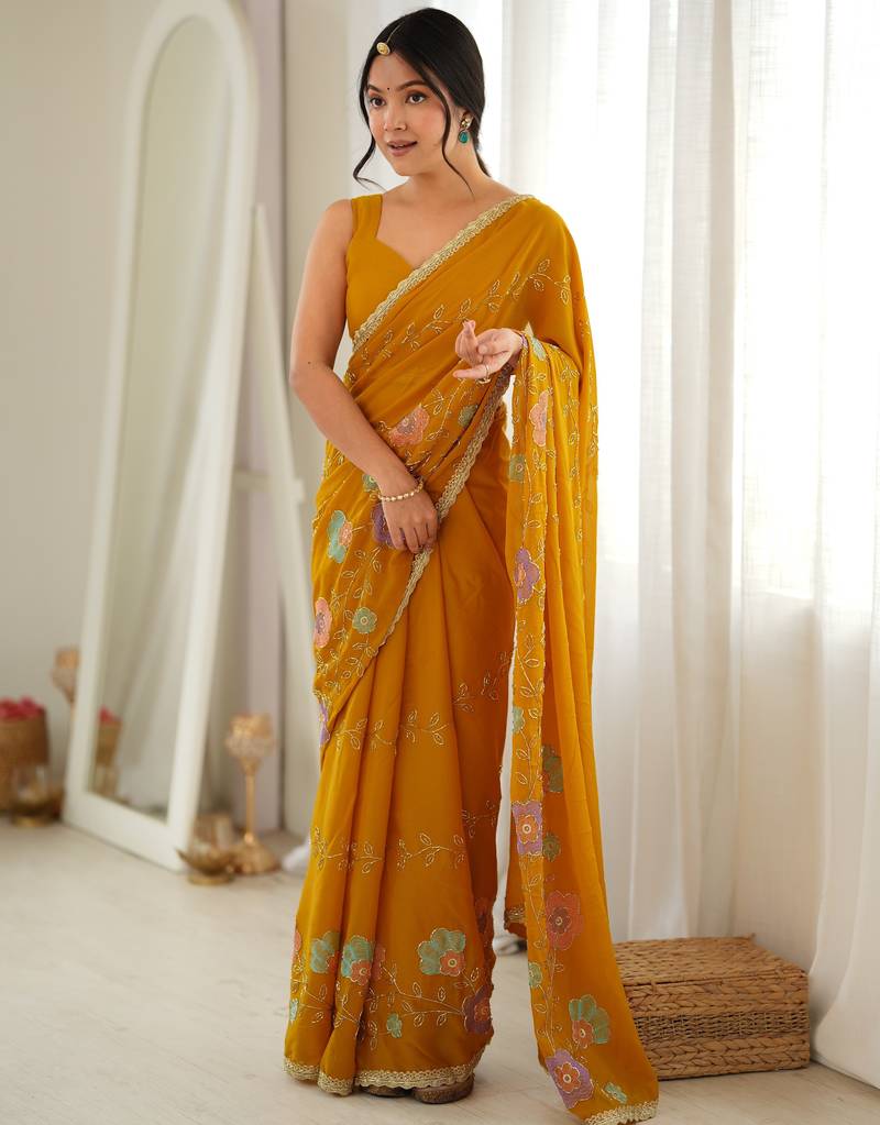 Yellow color star georgette fabric smart work designer graceful saree